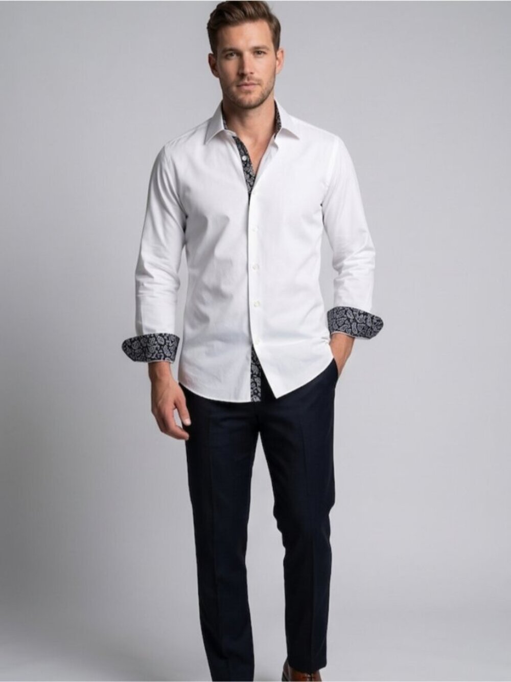 RIDOLFI Custom Tailored Men's Dress Shirt in Crisp White & Paisley Accent